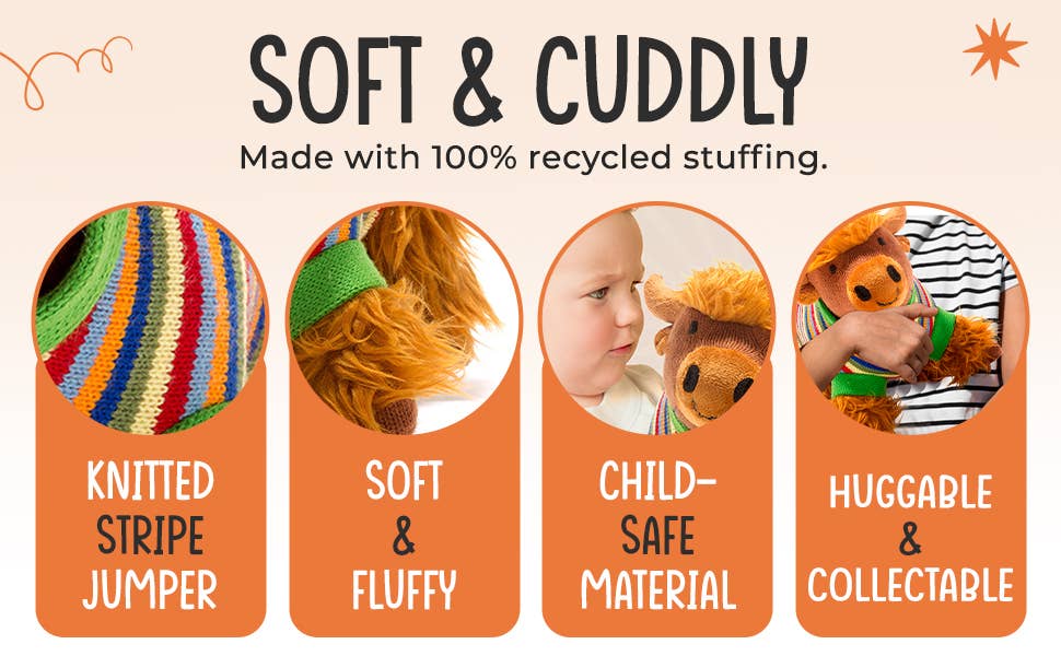 Promotional graphic for soft toys with features like 'Knitted Stripe Jumper', 'Soft & Fluffy', 'Child-Safe Material', and 'Huggable & Collectable'.