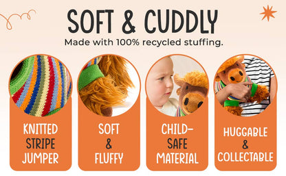 Promotional graphic for soft toys with features like 'Knitted Stripe Jumper', 'Soft & Fluffy', 'Child-Safe Material', and 'Huggable & Collectable'.