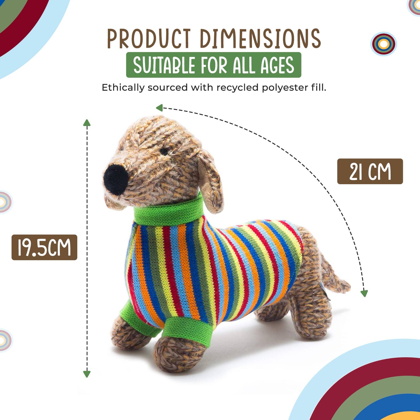 Stuffed dog toy with a colorful striped sweater, dimensions indicated, on a white background.