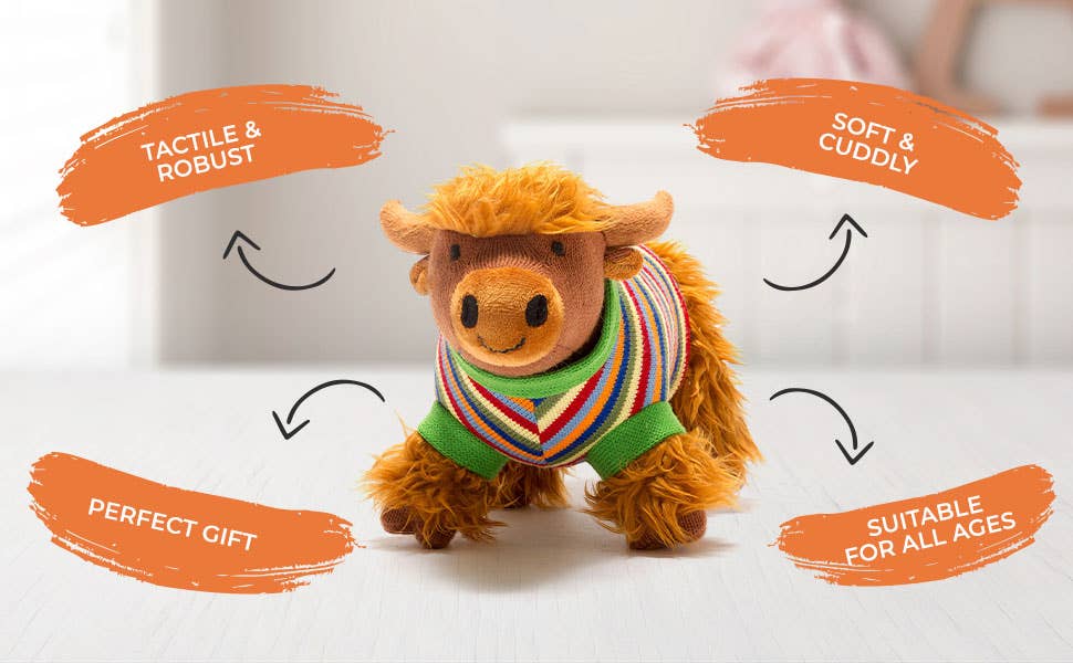 Stuffed animal toy with a colorful sweater on a white background, featuring text descriptors.