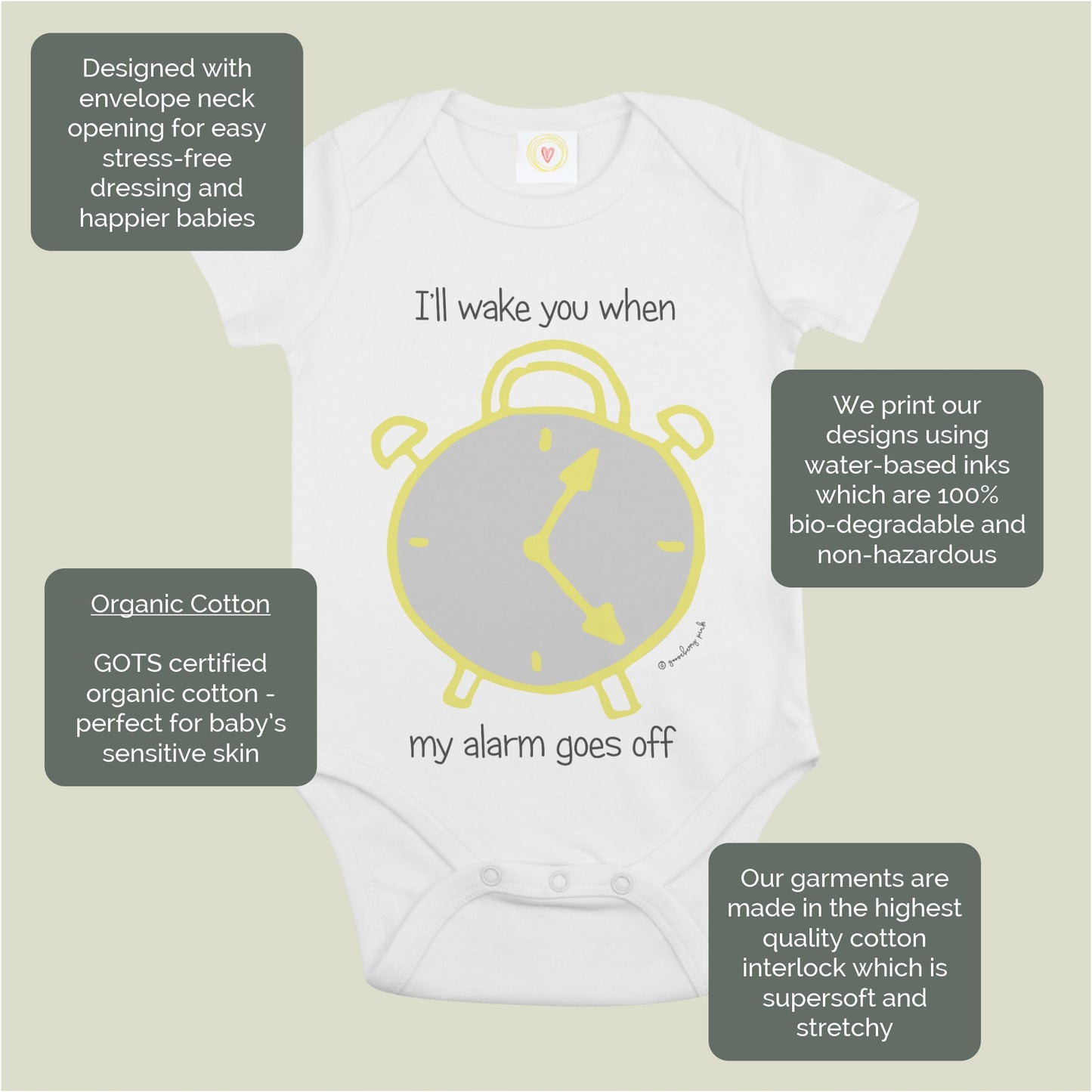 Organic cotton baby bodysuit with alarm clock design