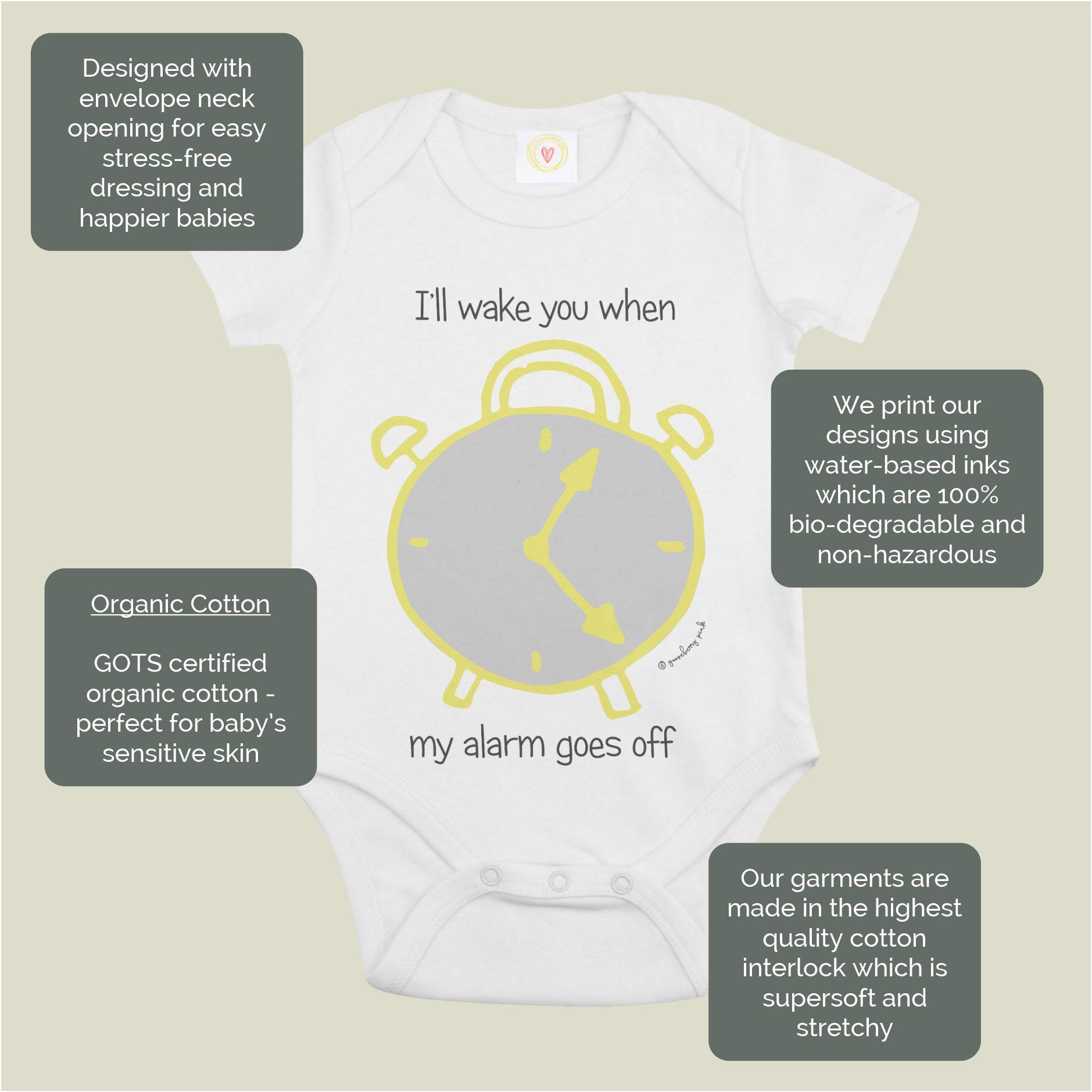 Organic cotton baby bodysuit with alarm clock design