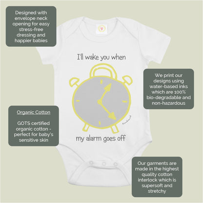 Organic cotton baby bodysuit with alarm clock design