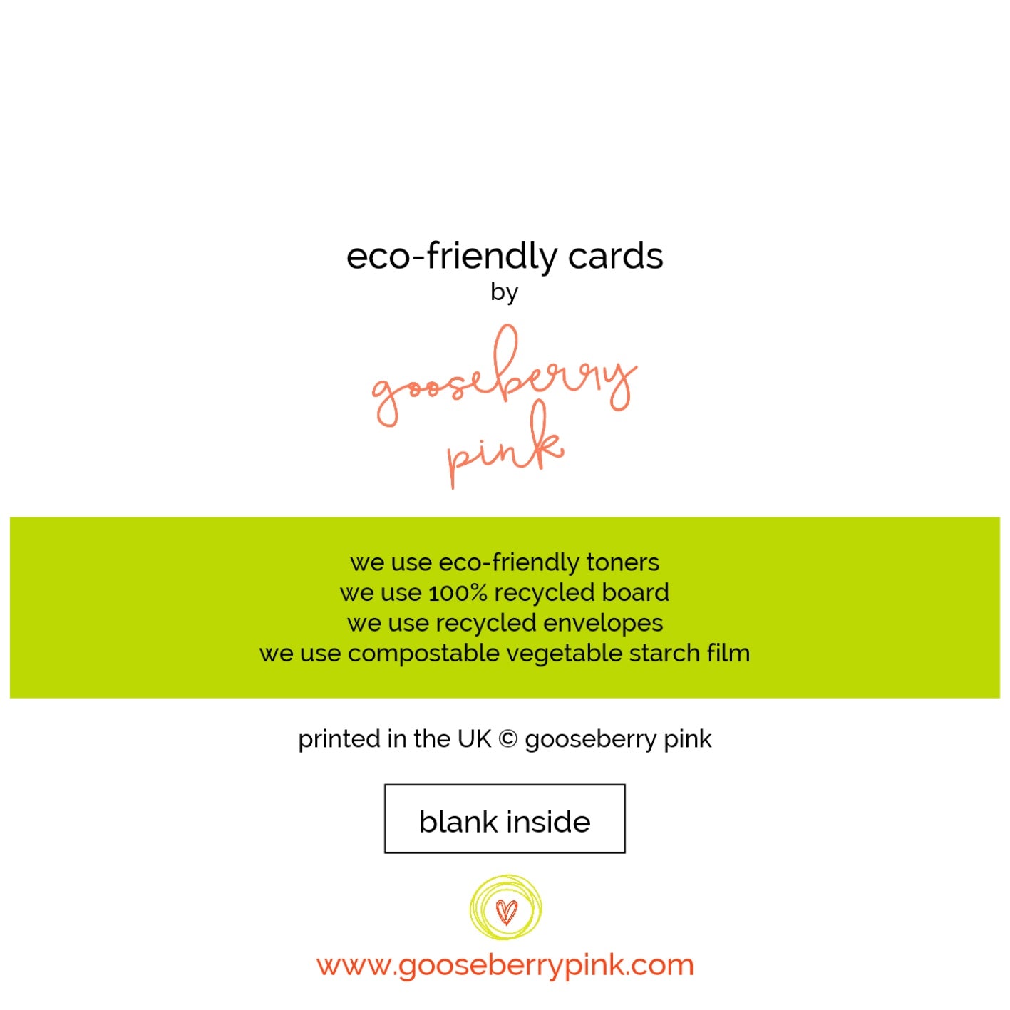 Back of greeting card Gooseberry Pink logo. Blank inside for your own message