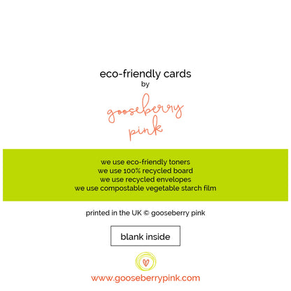 Back of greeting card Gooseberry Pink logo. Blank inside for your own message