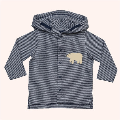 Organic cotton baby hoodie jacket in navy and white stripes with hand-printed bear design