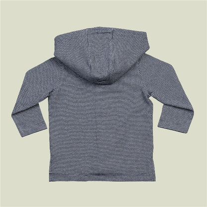 Organic cotton baby hoodie jacket in navy and white stripes with hand-printed bear design