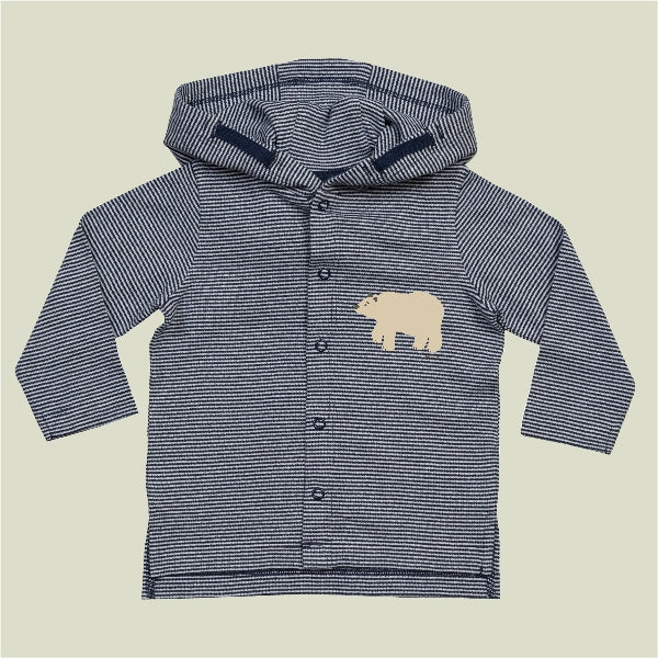 Organic cotton baby hoodie jacket in navy and white stripes with hand-printed bear design
