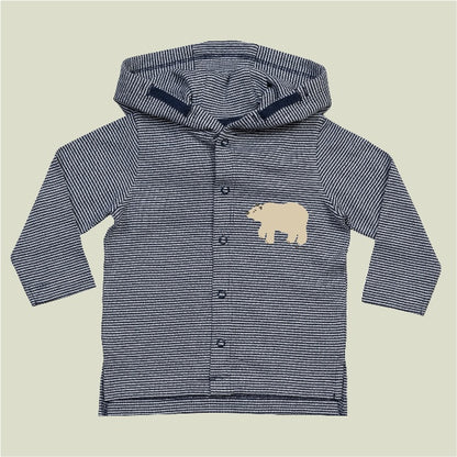 Organic cotton baby hoodie jacket in navy and white stripes with hand-printed bear design