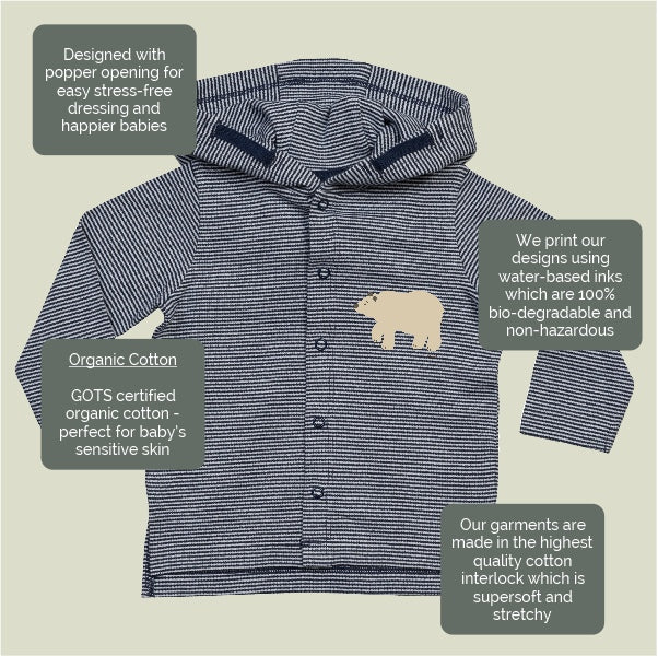 Organic cotton baby hoodie jacket in navy and white stripes with hand-printed bear design