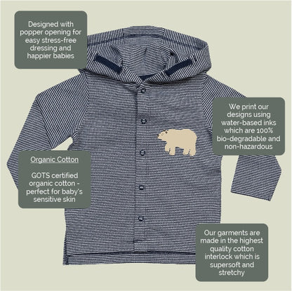 Organic cotton baby hoodie jacket in navy and white stripes with hand-printed bear design