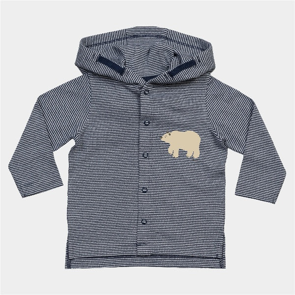 Organic cotton baby hoodie jacket in navy and white stripes with hand-printed bear design