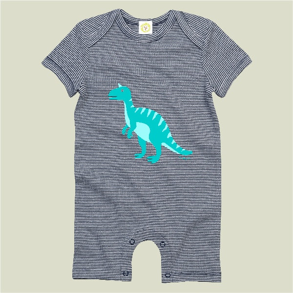 Organic cotton baby romper navy and white stripes with blue dinosaur print