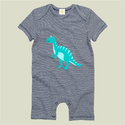 Organic cotton baby romper navy and white stripes with blue dinosaur print