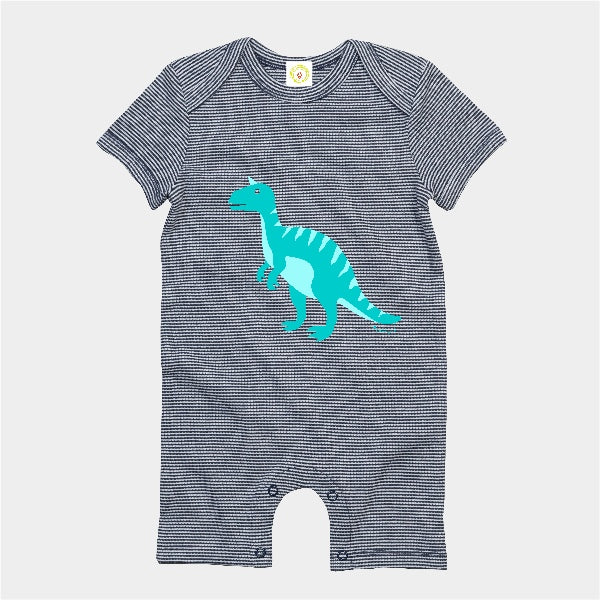 Organic cotton baby romper navy and white stripes with blue dinosaur print