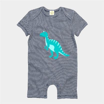 Organic cotton baby romper navy and white stripes with blue dinosaur print