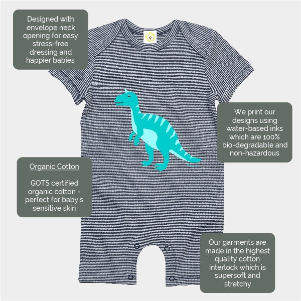 Organic cotton baby romper navy and white stripes with blue dinosaur print