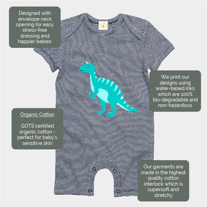 Organic cotton baby romper navy and white stripes with blue dinosaur print
