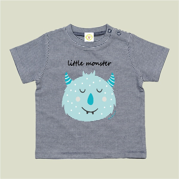 Navy and white striped organic cotton baby t-shirt with Blue Little Monster print, 12-18 months.