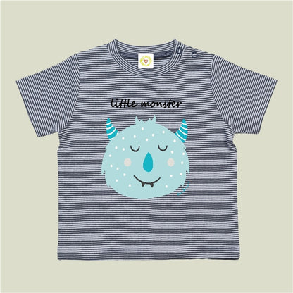 Navy and white striped organic cotton baby t-shirt with Blue Little Monster print, 12-18 months.