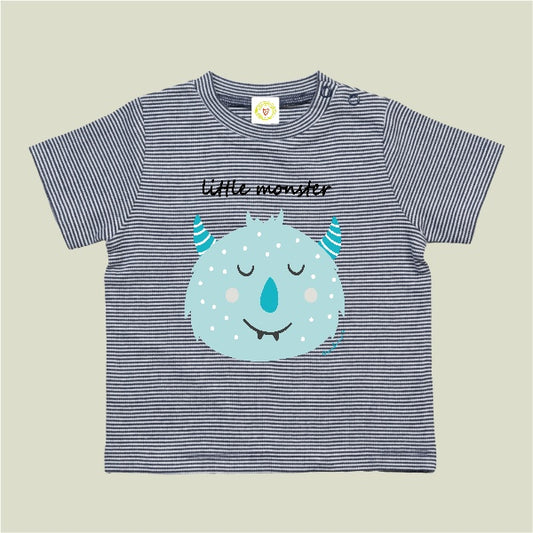 Navy and white striped organic cotton baby t-shirt with Blue Little Monster print, 12-18 months.