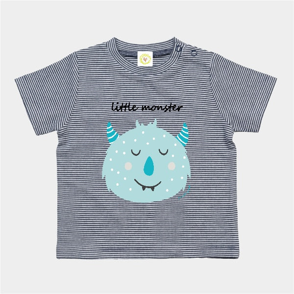 Navy and white striped organic cotton baby t-shirt with Blue Little Monster print, 12-18 months.