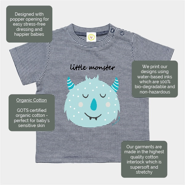 Navy and white striped organic cotton baby t-shirt with Blue Little Monster print, 12-18 months.