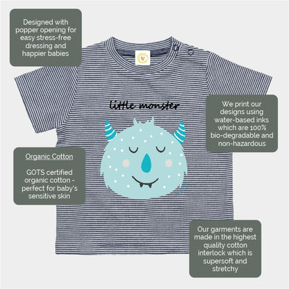 Navy and white striped organic cotton baby t-shirt with Blue Little Monster print, 12-18 months.