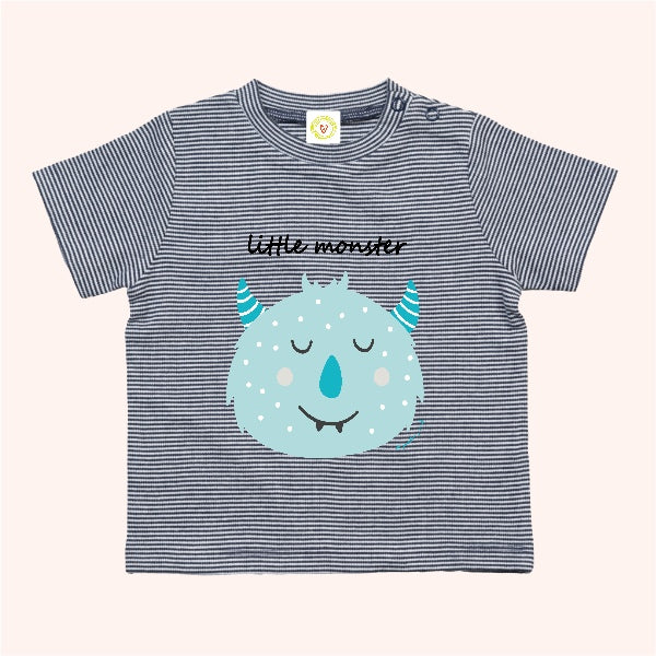 Navy and white striped organic cotton baby t-shirt with Blue Little Monster print, 12-18 months.
