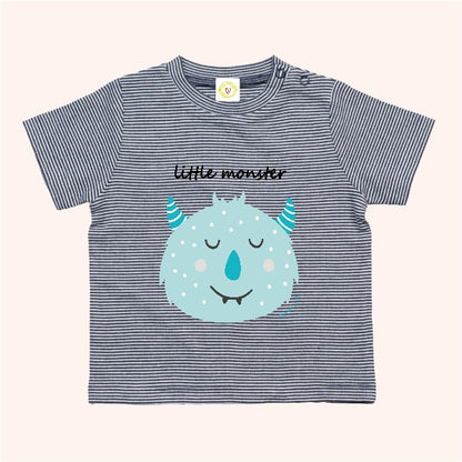 Navy and white striped organic cotton baby t-shirt with Blue Little Monster print, 12-18 months.
