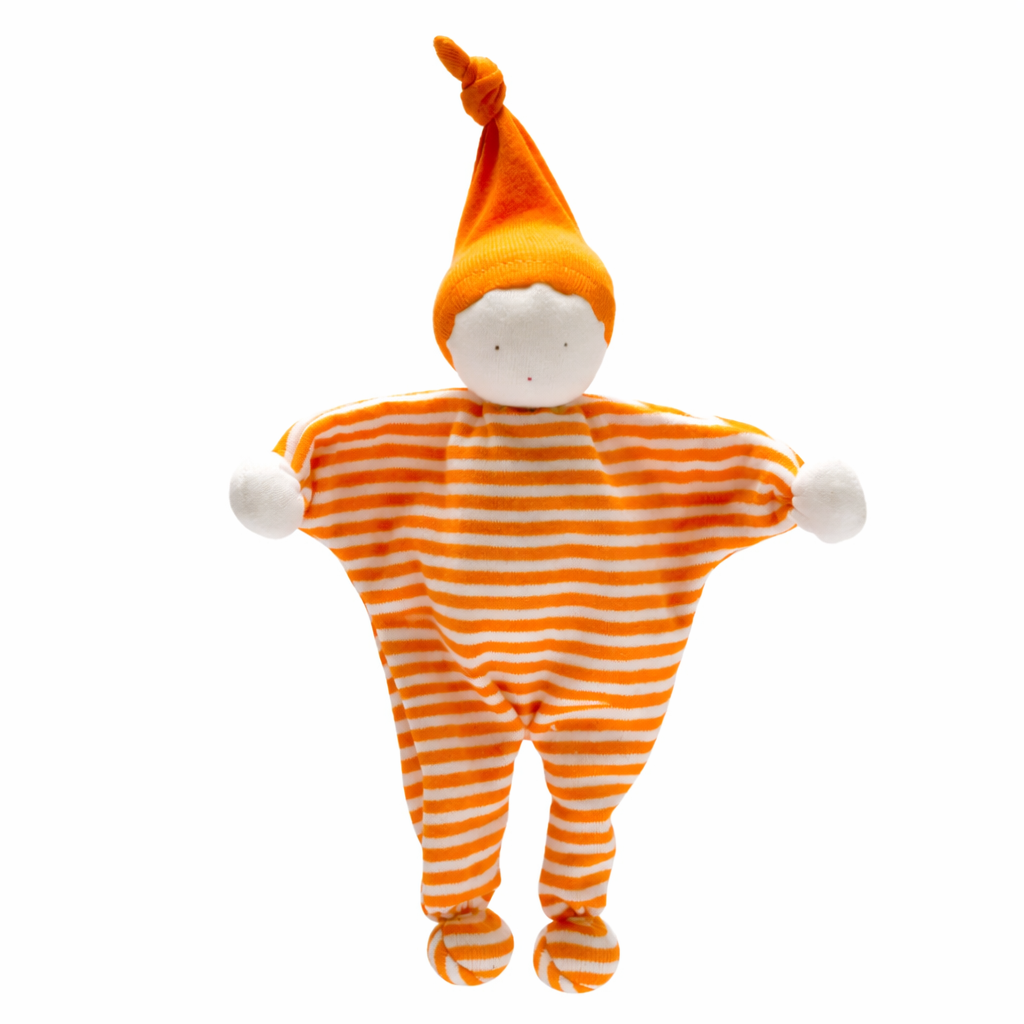 Orange and white striped baby comfort toy with a hat on a white background