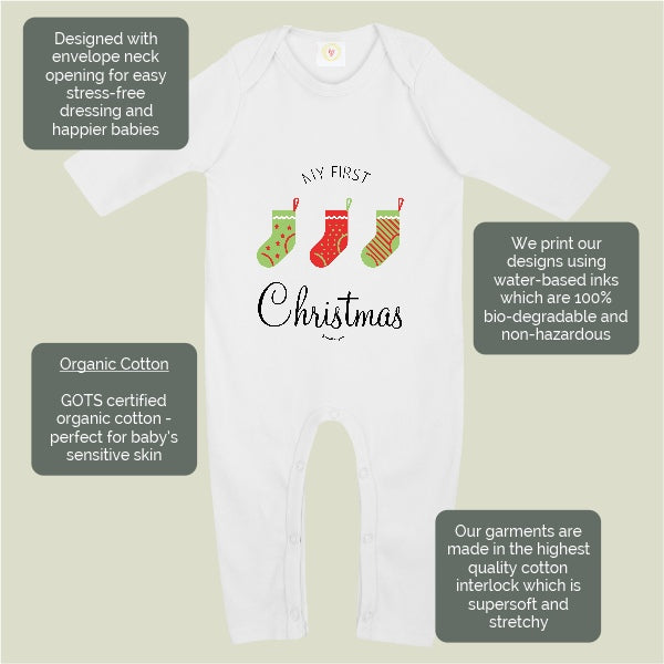 White baby bodysuit with a Christmas-themed graphic reading 'My First Christmas' and three colorful stockings, shown on a light beige background with four dark gray text callout boxes describing fabric and design features.