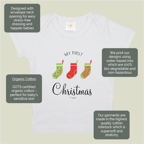 Baby onesie with 'My First Christmas' design on a light background