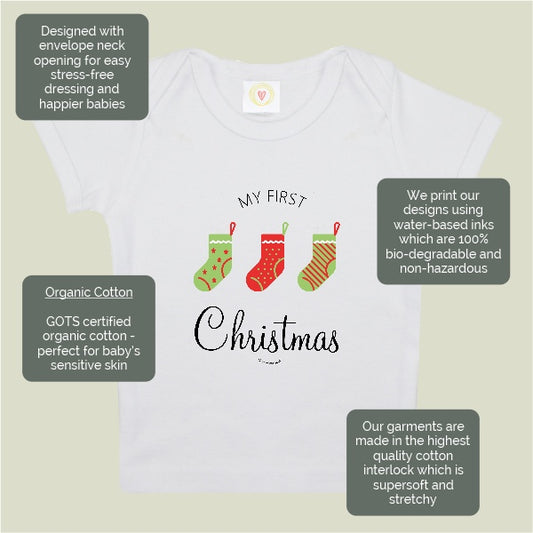 Baby onesie with 'My First Christmas' design on a light background