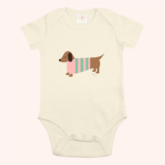Baby bodysuit/vest with a dachshund design on a white background