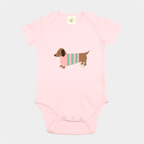 Organic cotton pink baby bodysuit with hand-printed sausage dog design