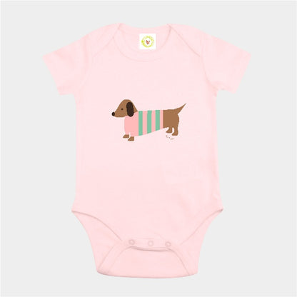 Organic cotton pink baby bodysuit with hand-printed sausage dog design