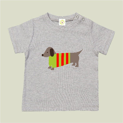 Organic cotton baby t-shirt in grey and white stripes with hand-printed sausage dog design