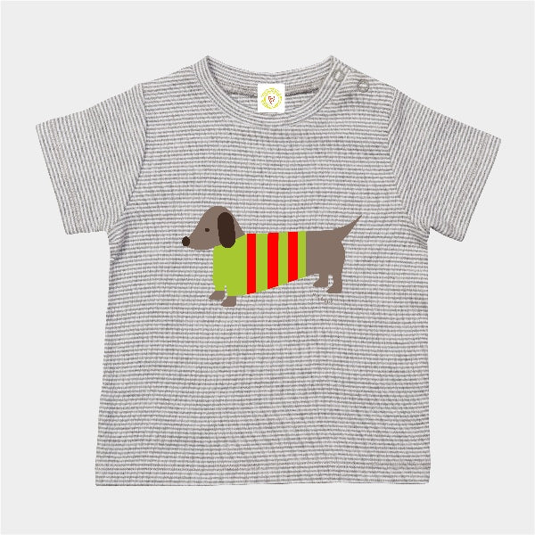 Organic cotton baby t-shirt in grey and white stripes with hand-printed sausage dog design