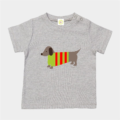 Organic cotton baby t-shirt in grey and white stripes with hand-printed sausage dog design