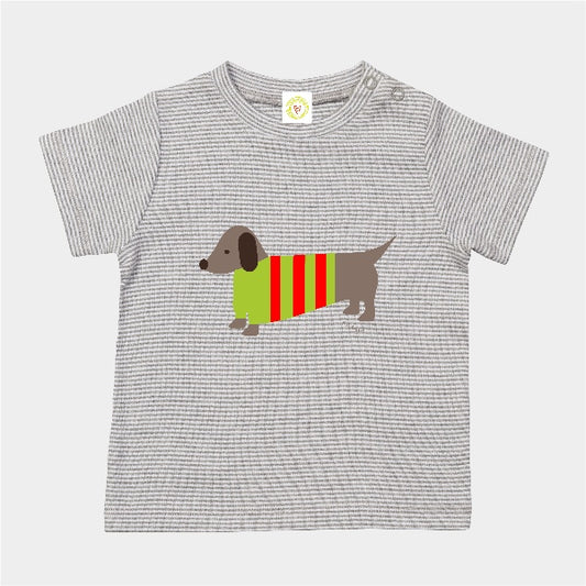 Organic cotton baby t-shirt in grey and white stripes with hand-printed sausage dog design
