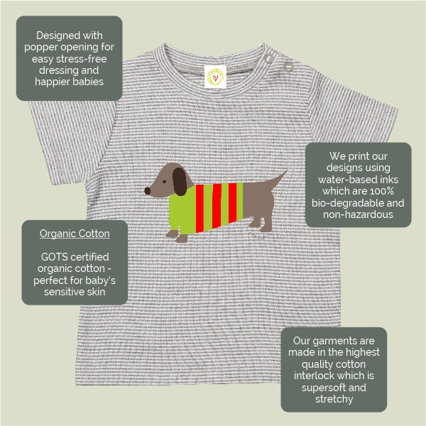 Organic cotton baby t-shirt in grey and white stripes with hand-printed sausage dog design