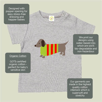 Organic cotton baby t-shirt in grey and white stripes with hand-printed sausage dog design