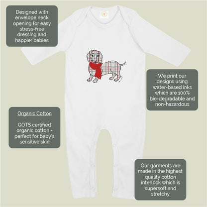 Tartan Sausage dog baby sleepsuit organic cotton