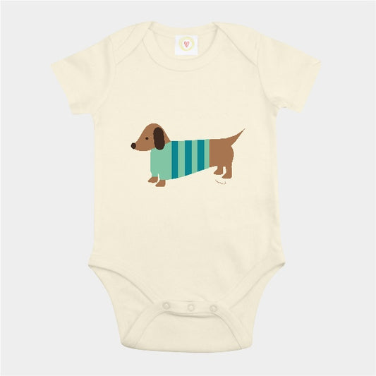 Beige baby onesie with a dachshund graphic on a light gray background