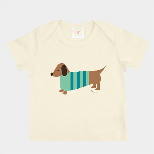 Beige t-shirt with a dachshund graphic wearing a striped sweater on a white background