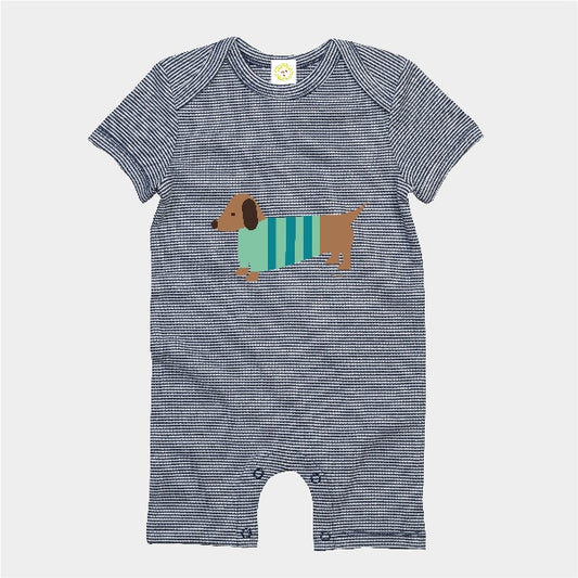 Organic cotton baby romper suit in navy stripes with hand-printed sausage dog design