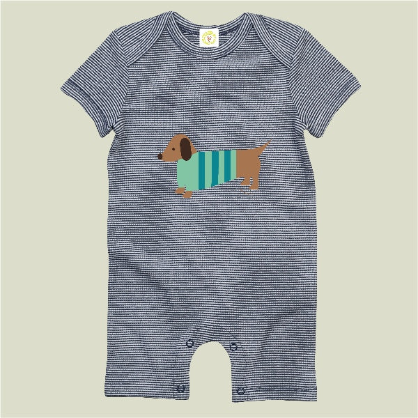 Organic cotton baby romper suit in navy stripes with hand-printed sausage dog design