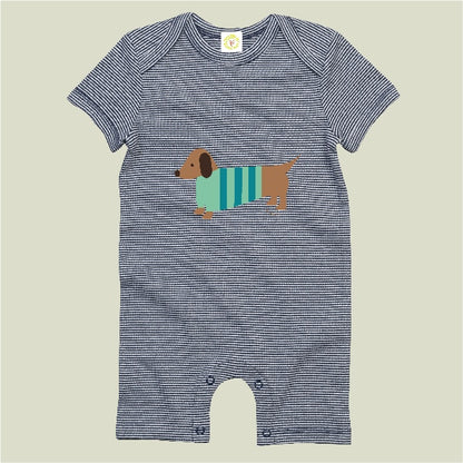 Organic cotton baby romper suit in navy stripes with hand-printed sausage dog design