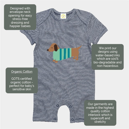 Organic cotton baby romper suit in navy stripes with hand-printed sausage dog design